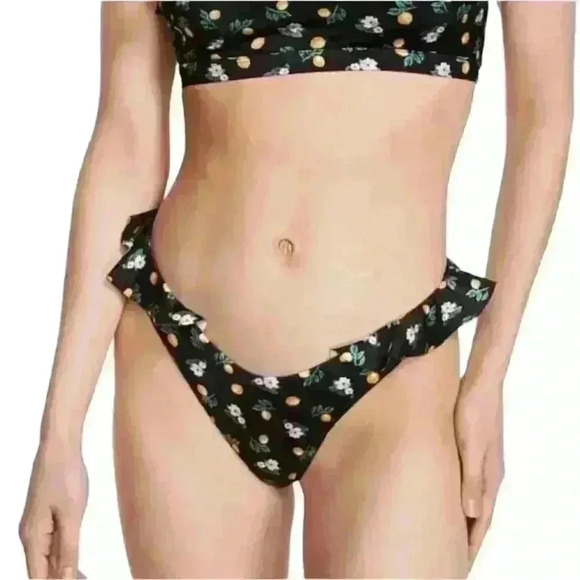 🎉Host Pick Victoria's Secret itsy ruffle bikini BOTTOM black lemon floral Small - Picture 1 of 10